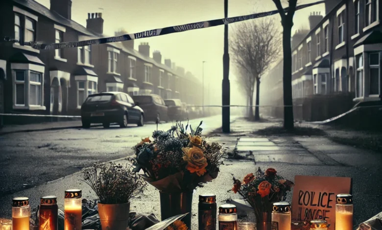 A sombre memorial scene with candles, flowers, and handwritten notes, set in Southport, UK, symbolising public mourning for the victims of the Southport stabbing tragedy.