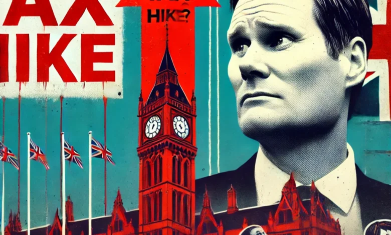 A political-themed image showing a 'COUNCIL TAX HIKE' sign with an upward arrow, a UK council building in the background, frustrated citizens, and a faded image of Keir Starmer with 'BROKEN PROMISES?' in bold text.