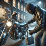 Masked individual attempting to steal a motorcycle in a dimly lit Stourbridge street with parked bikes in the background. Article about motorcycle theft awareness and prevention.