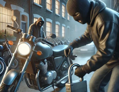 Masked individual attempting to steal a motorcycle in a dimly lit Stourbridge street with parked bikes in the background. Article about motorcycle theft awareness and prevention.