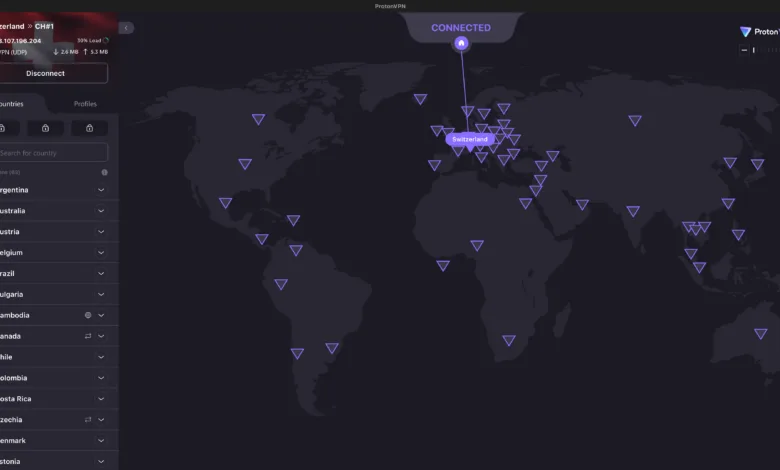 Proton VPN dashboard showing a secure VPN connection to a Swiss server with global server locations.