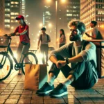 Tired food delivery worker sitting on a pavement at night, holding a delivery bag with a bicycle beside them, reflecting the struggles of gig economy workers.