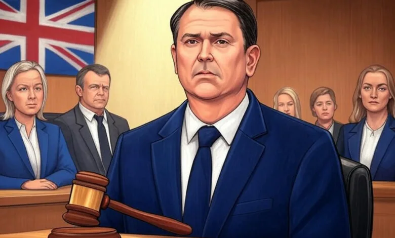 Courtroom sketch of Mike Amesbury’s 10-week sentencing for assault with UK flag and blurred figures of Huw Edwards and Lucy Connolly