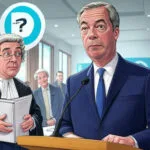 Political cartoon of Nigel Farage announcing private prosecution against Jonathan Reynolds at Reform UK Cornwall conference, with Reynolds holding solicitor wig and gown and a question mark over qualifications