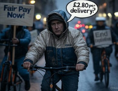 UK delivery driver in cold weather protesting against low wages with a sign demanding fair pay.