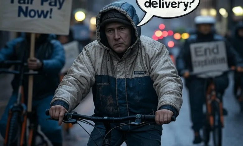 UK delivery driver in cold weather protesting against low wages with a sign demanding fair pay.