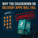 UK migrant delivery driver crackdown thumbnail showing Deliveroo and Uber Eats backpack with hotel background and loopholes warning