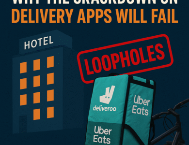 UK migrant delivery driver crackdown thumbnail showing Deliveroo and Uber Eats backpack with hotel background and loopholes warning