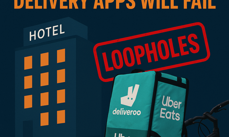 UK migrant delivery driver crackdown thumbnail showing Deliveroo and Uber Eats backpack with hotel background and loopholes warning