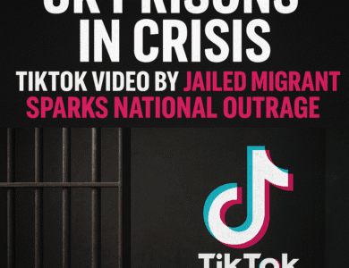 Bold graphic showing UK prison bars and TikTok logo, highlighting public outrage over jailed migrant posting videos from prison